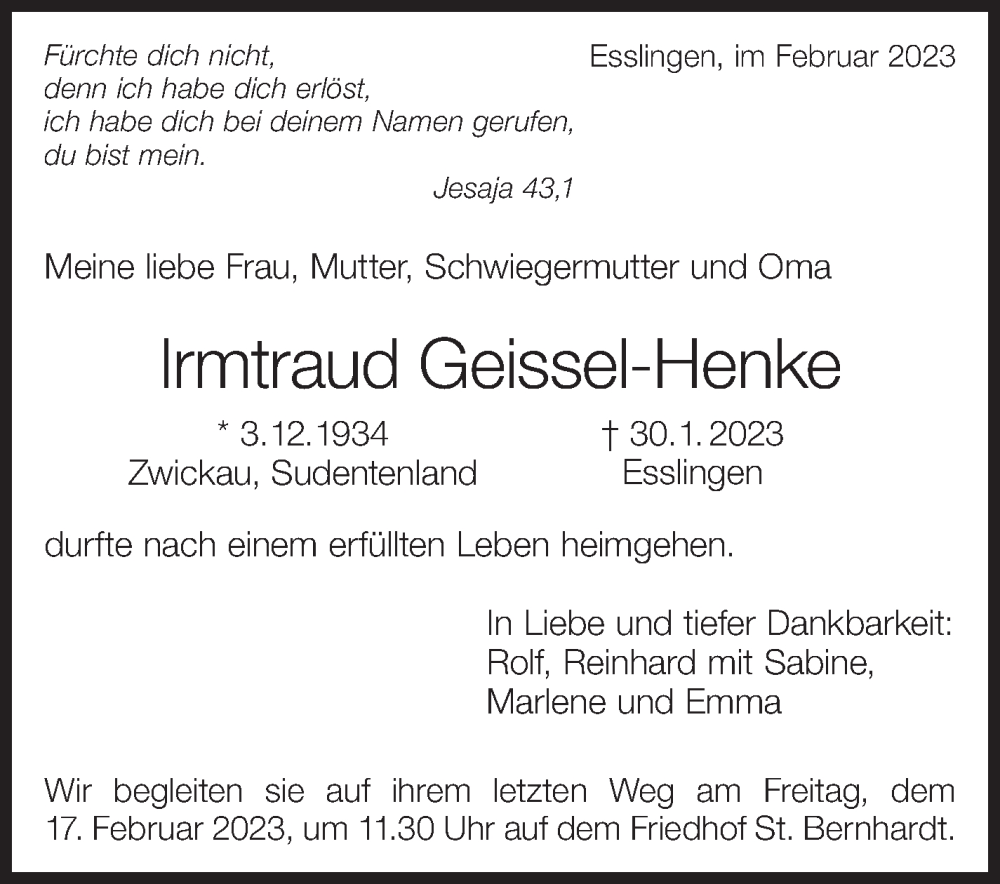  Traueranzeige für Irmtraud Geissel-Henke vom 11.02.2023 aus Eßlinger Zeitung/Cannstatter Zeitung