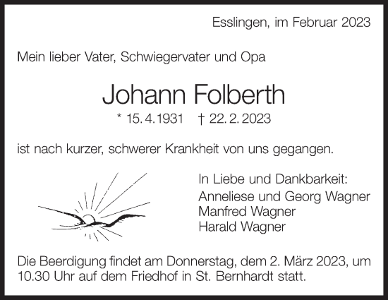Traueranzeige von Johann Folberth von Eßlinger Zeitung/Cannstatter Zeitung