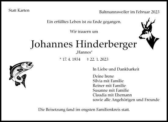 Traueranzeige von Johannes Hinderberger von Eßlinger Zeitung/Cannstatter Zeitung