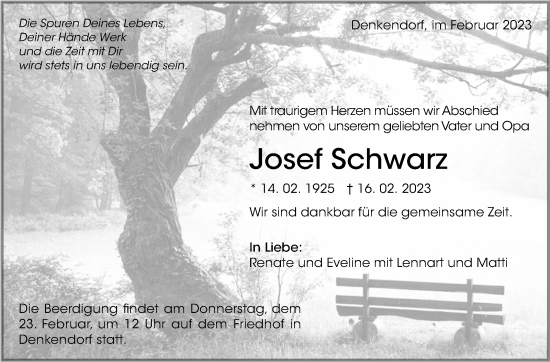 Traueranzeige von Josef Schwarz von Eßlinger Zeitung/Cannstatter Zeitung