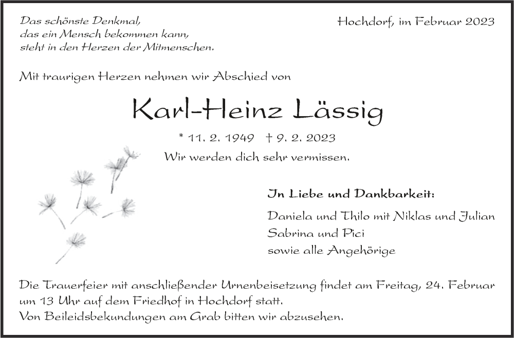  Traueranzeige für Karl-Heinz Lässig vom 15.02.2023 aus Eßlinger Zeitung/Cannstatter Zeitung