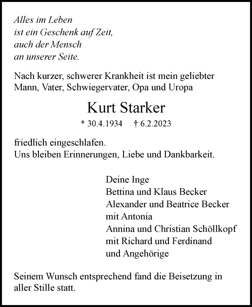  Traueranzeige für Kurt Starker vom 20.02.2023 aus Eßlinger Zeitung/Cannstatter Zeitung