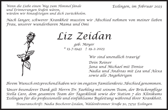 Traueranzeige von Liz Zeidan von Eßlinger Zeitung/Cannstatter Zeitung