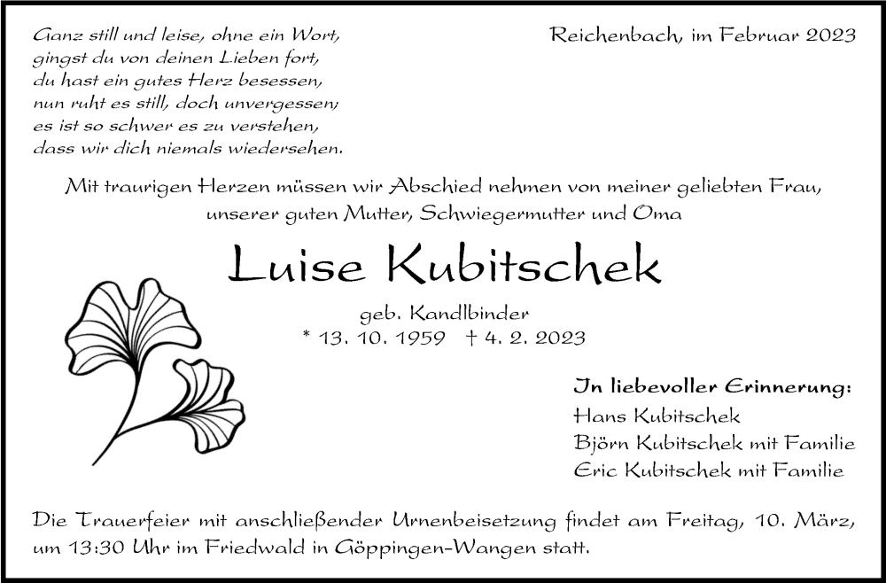  Traueranzeige für Luise Kubitschek vom 11.02.2023 aus Eßlinger Zeitung/Cannstatter Zeitung