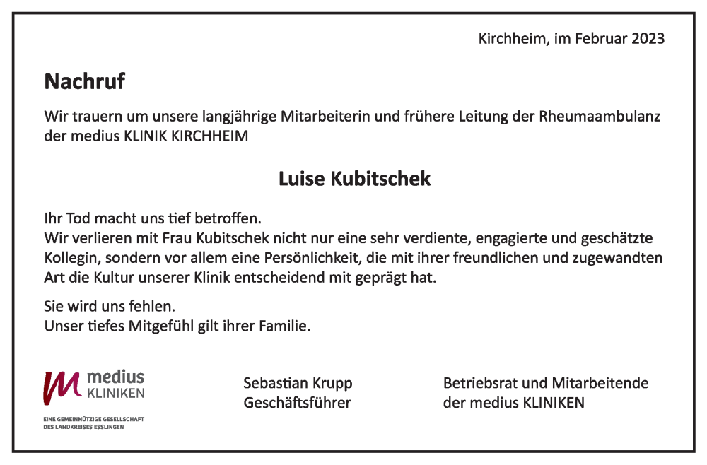  Traueranzeige für Luise Kubitschek vom 21.02.2023 aus Eßlinger Zeitung/Cannstatter Zeitung