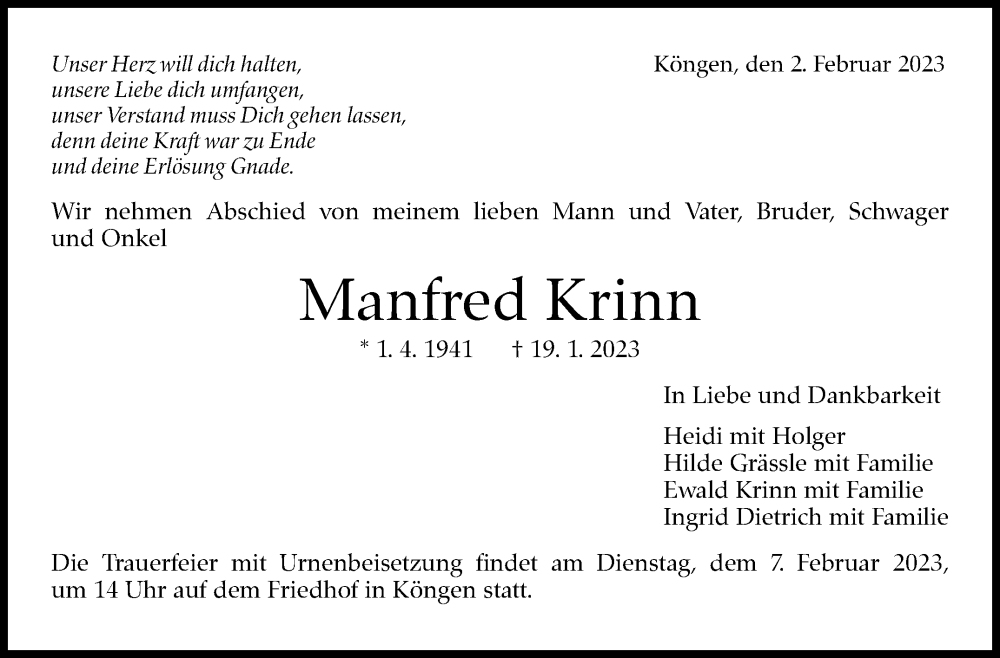  Traueranzeige für Manfred Krinn vom 02.02.2023 aus Eßlinger Zeitung/Cannstatter Zeitung