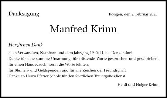 Traueranzeige von Manfred Krinn von Eßlinger Zeitung/Cannstatter Zeitung