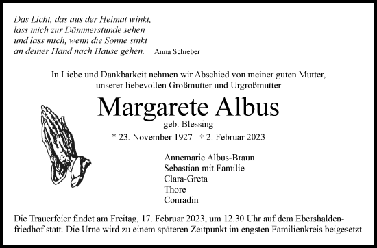 Traueranzeige von Margarete Albus von Eßlinger Zeitung/Cannstatter Zeitung