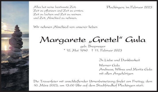 Traueranzeige von Margarete Gula von Eßlinger Zeitung/Cannstatter Zeitung
