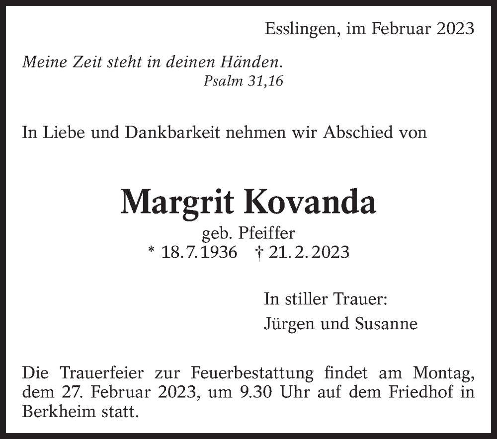  Traueranzeige für Margrit Kovanda vom 25.02.2023 aus Eßlinger Zeitung/Cannstatter Zeitung