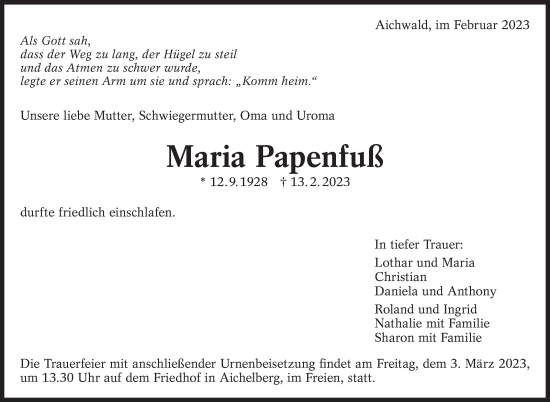 Traueranzeige von Maria Papenfuß von Eßlinger Zeitung/Cannstatter Zeitung
