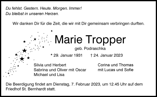 Traueranzeige von Marie Tropper von Eßlinger Zeitung/Cannstatter Zeitung