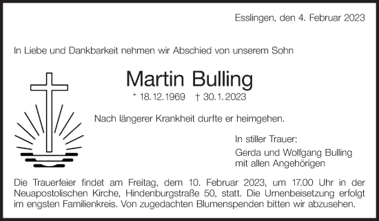 Traueranzeige von Martin Bulling von Eßlinger Zeitung/Cannstatter Zeitung