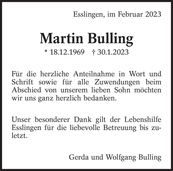Traueranzeige von Martin Bulling von Eßlinger Zeitung/Cannstatter Zeitung
