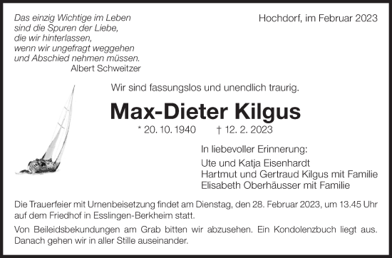 Traueranzeige von Max-Dieter Kilgus von Eßlinger Zeitung/Cannstatter Zeitung