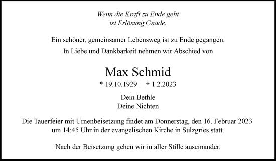 Traueranzeige von Max Schmid von Eßlinger Zeitung/Cannstatter Zeitung