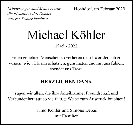 Traueranzeige von Michael Köhler von Eßlinger Zeitung/Cannstatter Zeitung