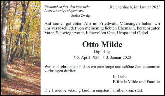 Traueranzeige von Otto Milde von Eßlinger Zeitung/Cannstatter Zeitung