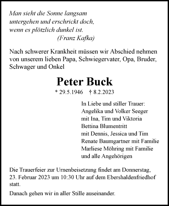 Traueranzeige von Peter Buck von Eßlinger Zeitung/Cannstatter Zeitung