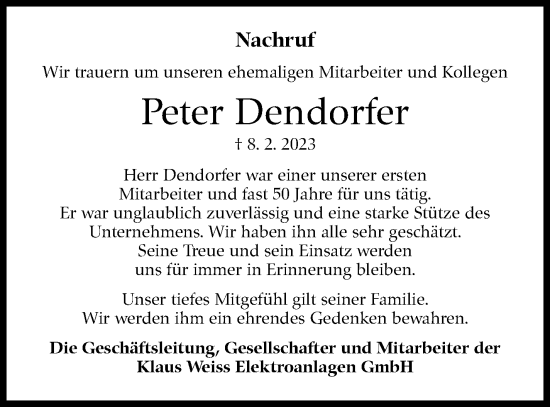 Traueranzeige von Peter Dendorfer von Eßlinger Zeitung/Cannstatter Zeitung