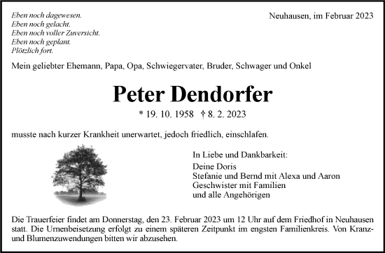 Traueranzeige von Peter Dendorfer von Eßlinger Zeitung/Cannstatter Zeitung