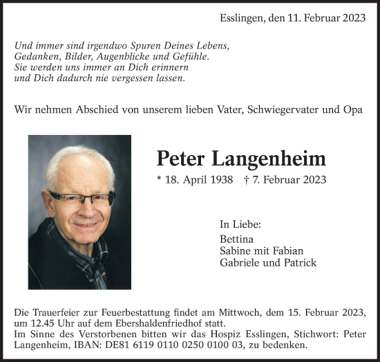 Traueranzeige von Peter Langenheim von Eßlinger Zeitung/Cannstatter Zeitung