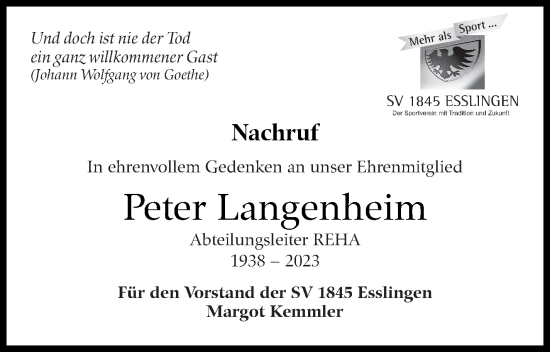 Traueranzeige von Peter Langenheim von Eßlinger Zeitung/Cannstatter Zeitung