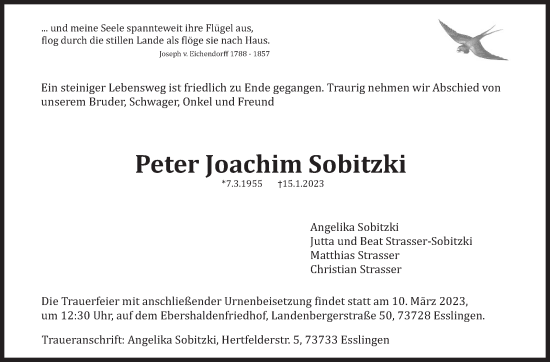 Traueranzeige von Peter Joachim Sobitzki von Eßlinger Zeitung/Cannstatter Zeitung