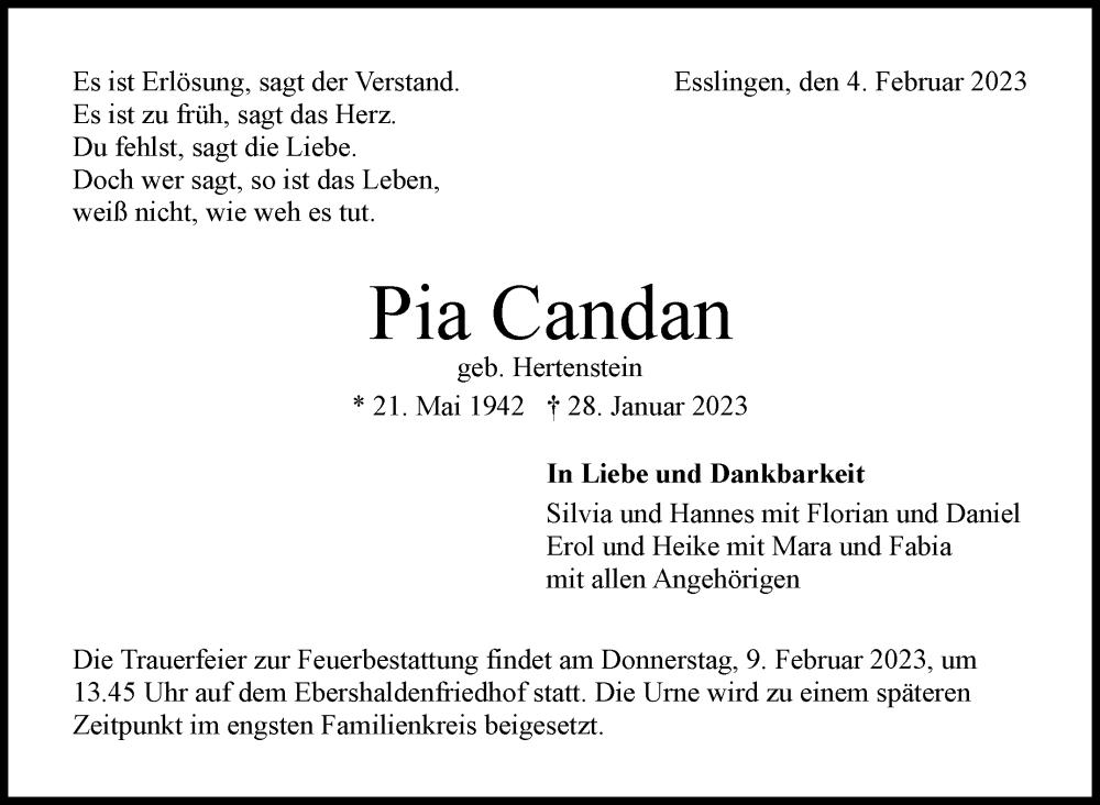  Traueranzeige für Pia Candan vom 04.02.2023 aus Eßlinger Zeitung/Cannstatter Zeitung