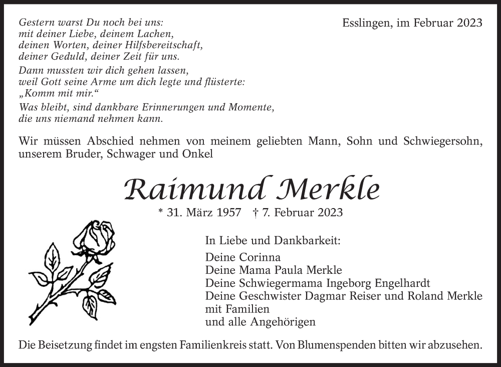  Traueranzeige für Raimund Merkle vom 15.02.2023 aus Eßlinger Zeitung/Cannstatter Zeitung