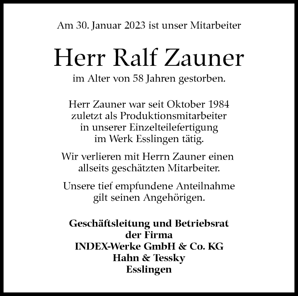  Traueranzeige für Ralf Zauner vom 22.02.2023 aus Eßlinger Zeitung/Cannstatter Zeitung