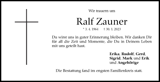 Traueranzeige von Ralf Zauner von Eßlinger Zeitung/Cannstatter Zeitung