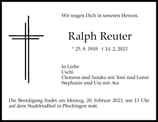 Traueranzeige von Ralph Reuter von Eßlinger Zeitung/Cannstatter Zeitung
