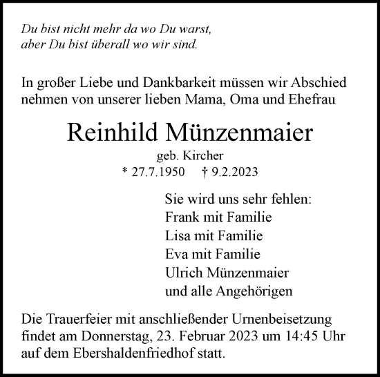 Traueranzeige von Reinhild Münzenmaier von Eßlinger Zeitung/Cannstatter Zeitung
