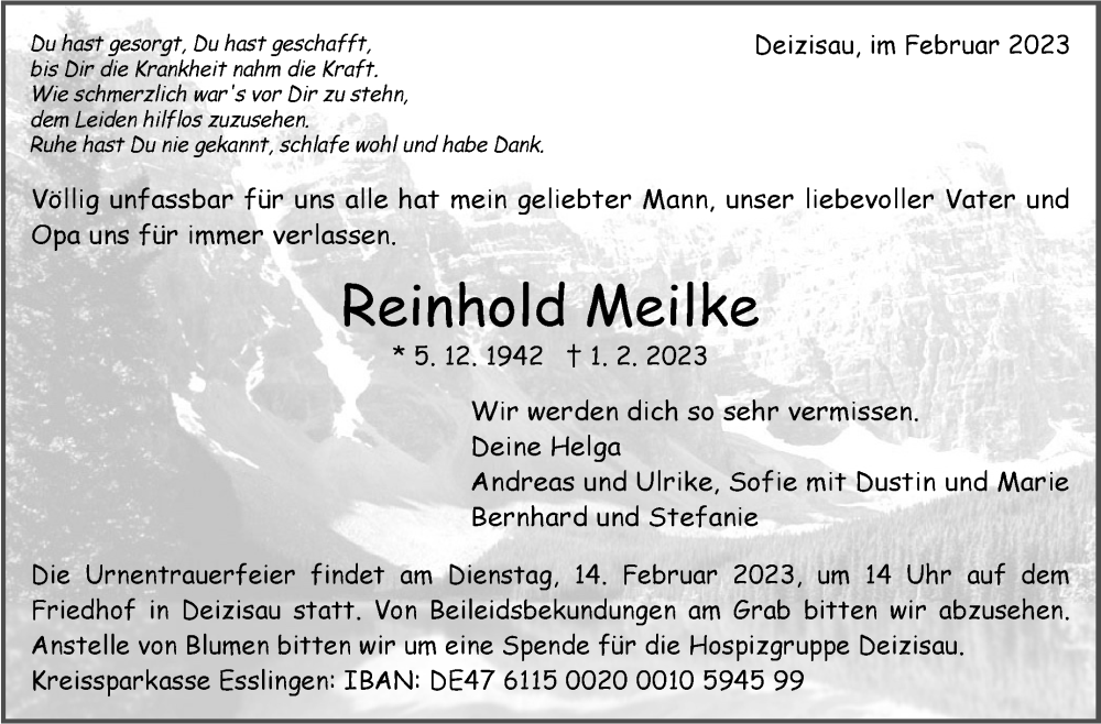  Traueranzeige für Reinhold Meilke vom 10.02.2023 aus Eßlinger Zeitung/Cannstatter Zeitung