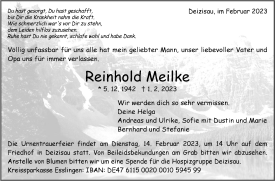 Traueranzeige von Reinhold Meilke von Eßlinger Zeitung/Cannstatter Zeitung