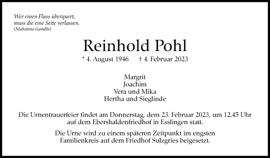 Traueranzeige von Reinhold Pohl von Eßlinger Zeitung/Cannstatter Zeitung