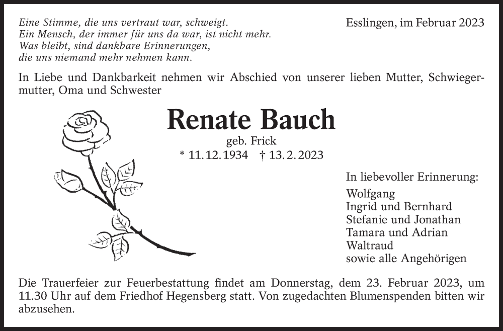  Traueranzeige für Renate Bauch vom 18.02.2023 aus Eßlinger Zeitung/Cannstatter Zeitung