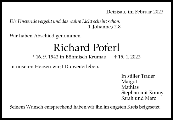Traueranzeige von Richard Poferl von Eßlinger Zeitung/Cannstatter Zeitung