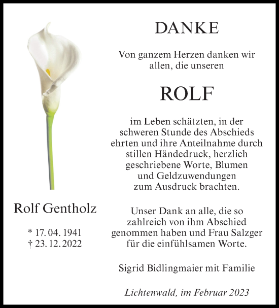 Traueranzeige von Rolf Gentholz von Eßlinger Zeitung/Cannstatter Zeitung