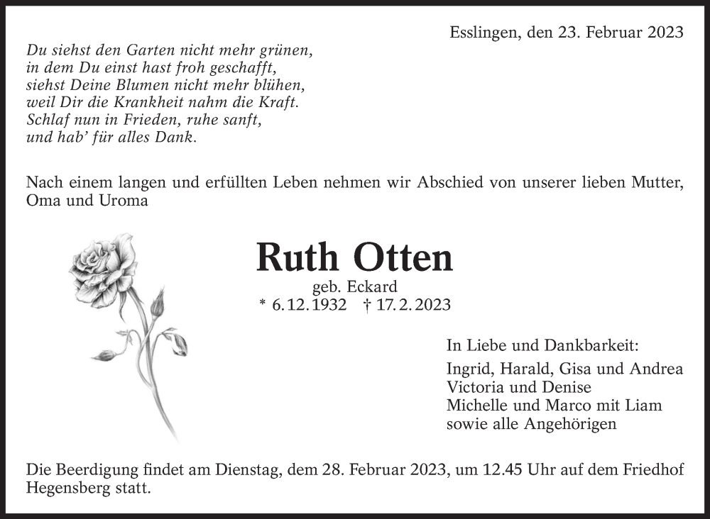  Traueranzeige für Ruth Otten vom 23.02.2023 aus Eßlinger Zeitung/Cannstatter Zeitung