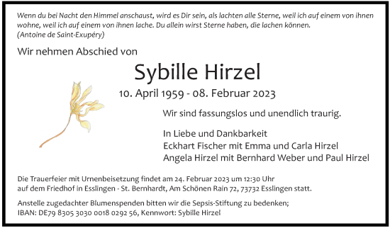 Traueranzeige von Sybille Hirzel von Eßlinger Zeitung/Cannstatter Zeitung