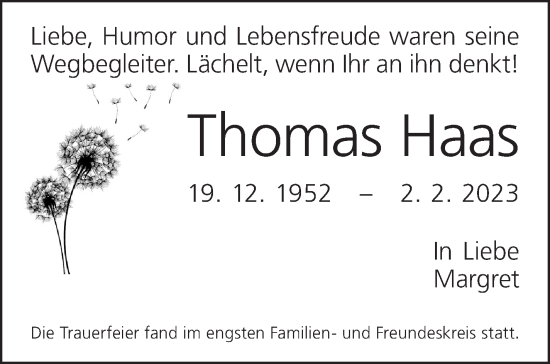 Traueranzeige von Thomas Haas von Eßlinger Zeitung/Cannstatter Zeitung