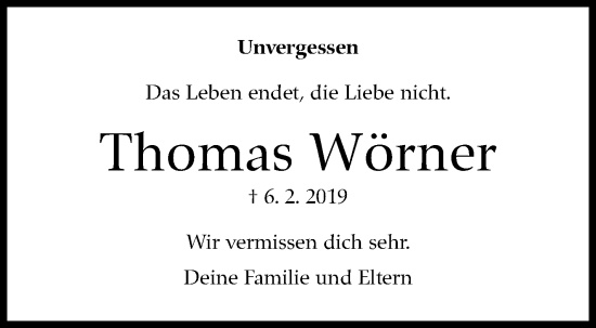 Traueranzeige von Thomas Wörner von Eßlinger Zeitung/Cannstatter Zeitung