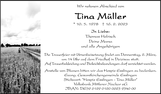 Traueranzeige von Tina Müller von Eßlinger Zeitung/Cannstatter Zeitung