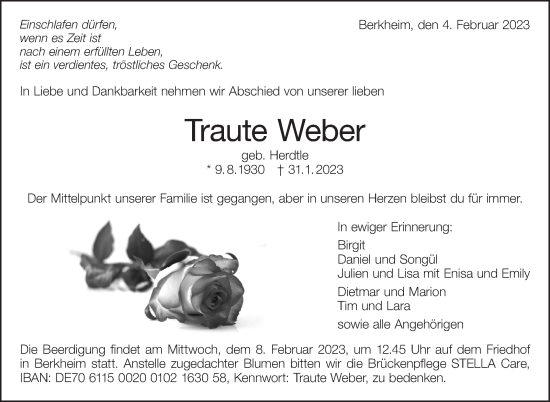 Traueranzeige von Traute Weber von Eßlinger Zeitung/Cannstatter Zeitung