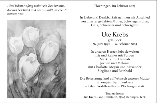 Traueranzeige von Ute Krebs von Eßlinger Zeitung/Cannstatter Zeitung