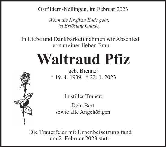 Traueranzeige von Waltraud Pfiz von Eßlinger Zeitung/Cannstatter Zeitung