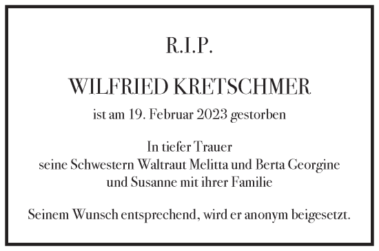 Traueranzeige von Wilfried Kretschmer von Eßlinger Zeitung/Cannstatter Zeitung