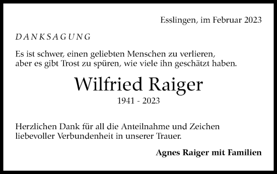 Traueranzeige von Wilfried Raiger von Eßlinger Zeitung/Cannstatter Zeitung